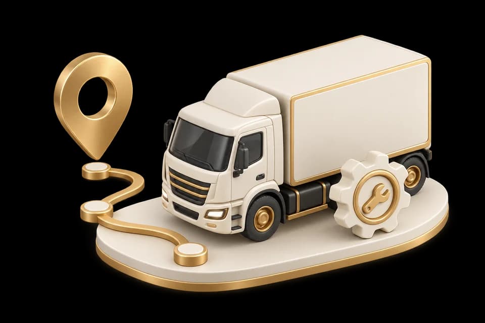 Ivory delivery truck with a gold route, location pin and maintenance cog