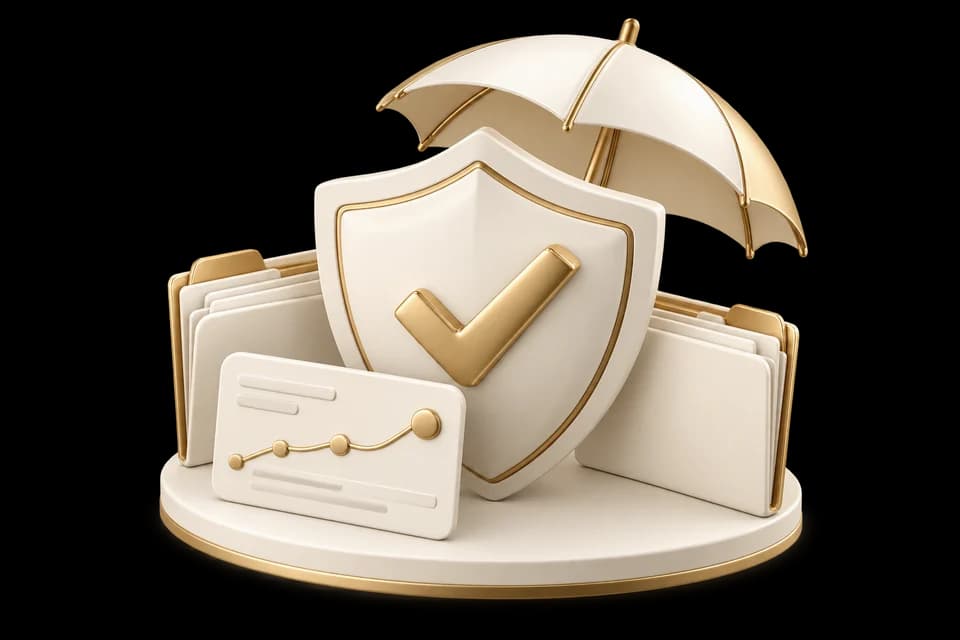 Ivory shield, gold umbrella and organised policy folders