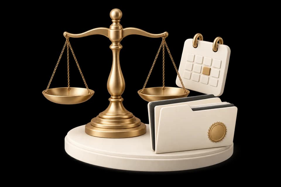 Gold justice scales with a case folder and court calendar
