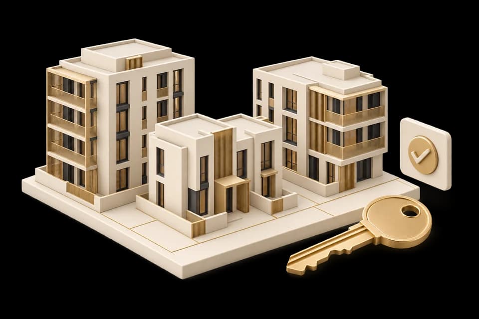 Ivory buildings on a property plot with a gold key and reservation card